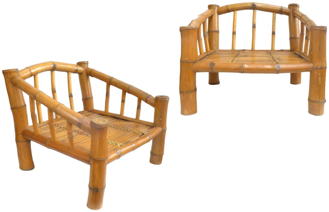 American Organic Design Bamboo Chairs (2): Pair of bamboo lounge chairs with woven bamboo slat seats, 1970. 29" H x 34" W x 34" D.
