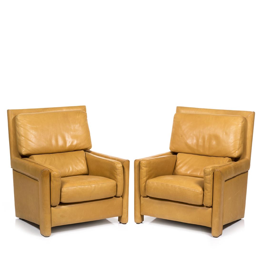 Roche Bobois Leather Club Chairs (2): Pair of leather club chairs by Roche Bobois, 1980s. 37" H x 32" W x 32" D.