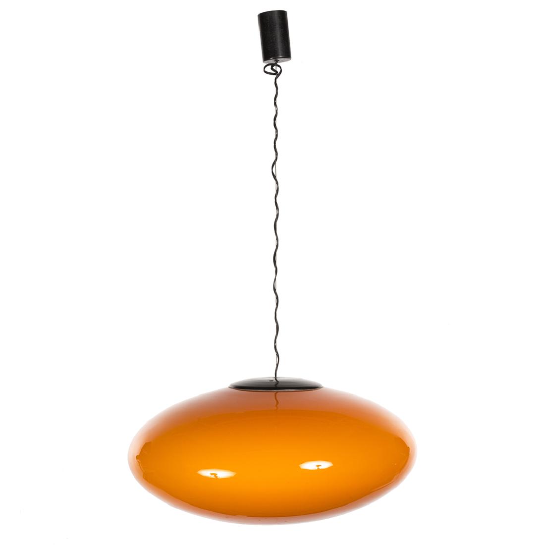Stilnovo Pendant Lamp: Cased glass pendant lamp by Stilnovo, 1960s. 8" H x 17" D.