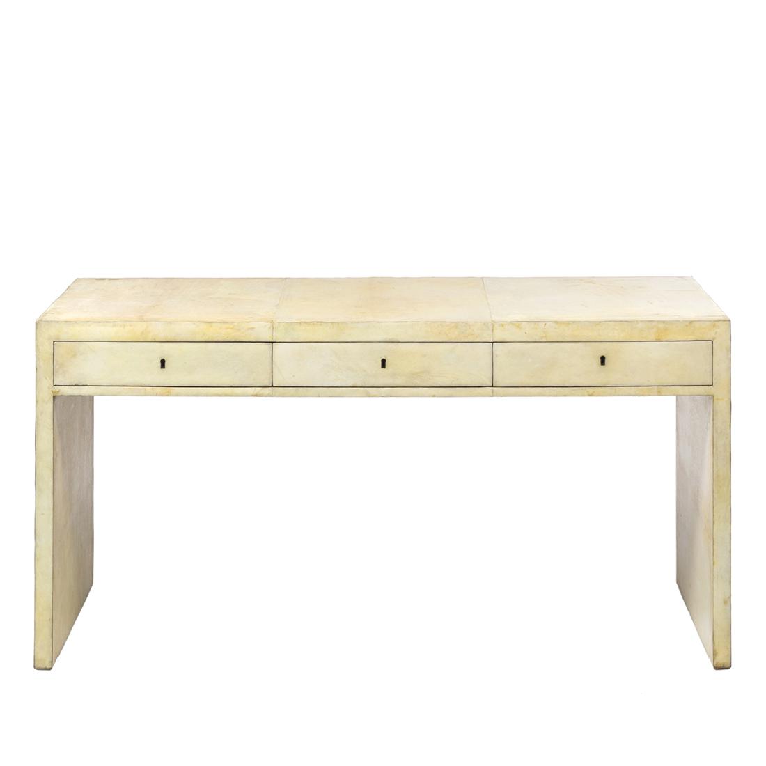 Parchment Partner's Desk: Parchment covered partner's desk with three drawers on each side, 1940s. 30.5" H x 60.5" W x 28" D.