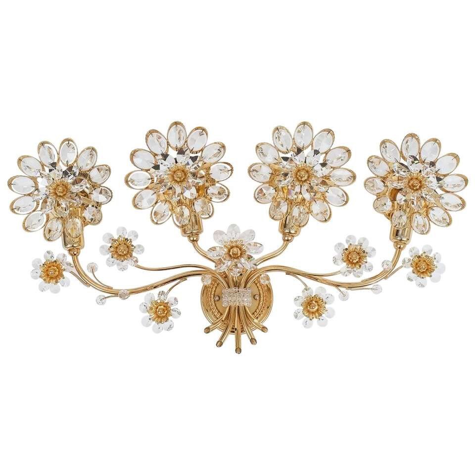 Palwa Floral Crystal Sconce: Floral crystal and brass bouquet sconce by Palwa, 1940s. 12" H x 22" W x 4" D,