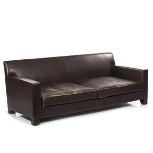 Philippe Hurel Leather Sofa: Distressed leather sofa by Philippe Hurel, France 2000s. 31" H x 88" W x 38" D.