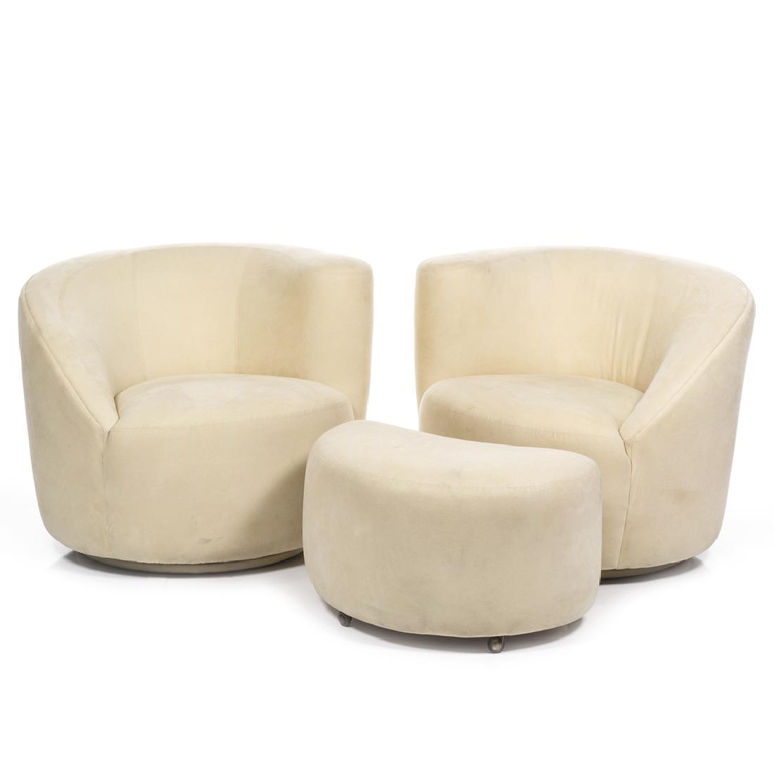 Vladimir Kagan Nautilus Chairs and Ottoman (3): Pair of ultrasuede Nautilus chairs and one ottoman by Vladimir Kagan for Directional, 1970s. 28" H x 36" Diameter.