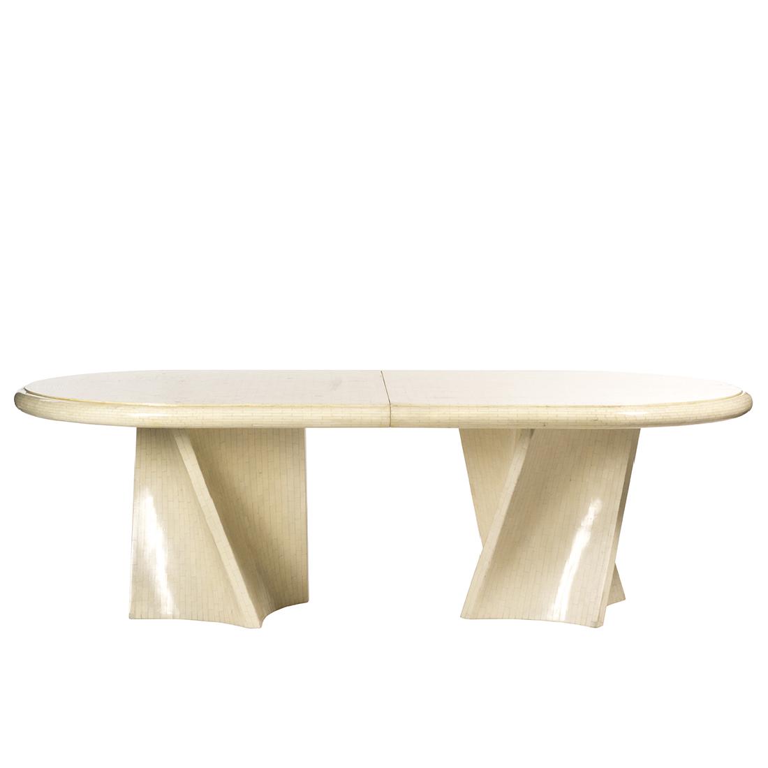 Karl Springer Style Dining Table: Tessellated bone dining table in the style of Karl Springer, 1970s. 29.5" H x 96" W x 48" D, with two 20" leaves.