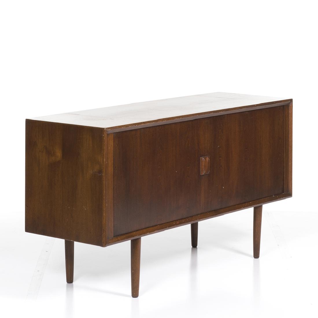 Danish Credenza: Danish teak credenza with tambour doors, 1950s. 32" H x 59" W x 19" D.