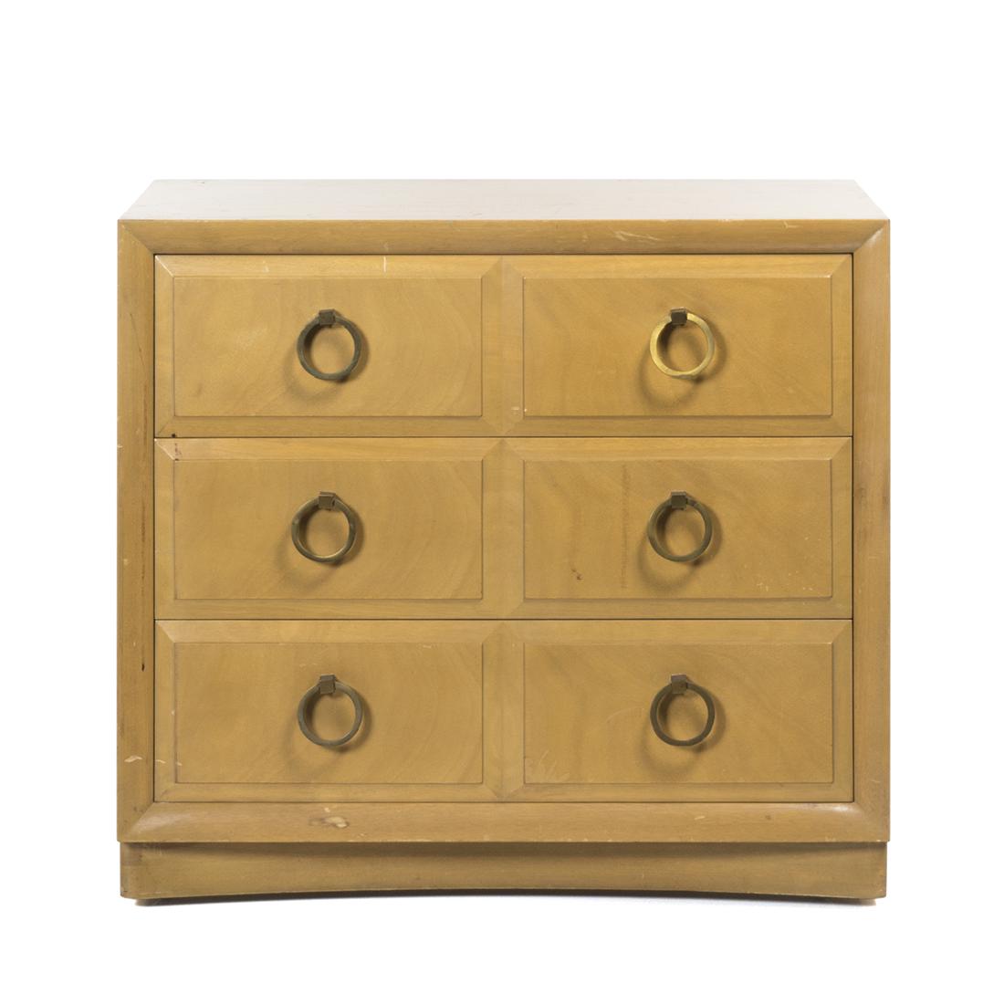 T.H. Robsjohn-Gibbings Cabinet: Bleached walnut and brass cabinet by T.H. Robsjohn-Gibbings for Widdicomb, 1950s. 32 1/2" H x 35" W x 20" D.