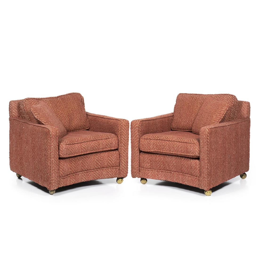 T.H. Robsjohn-Gibbings Club Chairs: Pair of curved front club chairs by T.H. Robsjohn-Gibbings for Widdicomb , 1950s. 28" H x 31" W x 33" D.