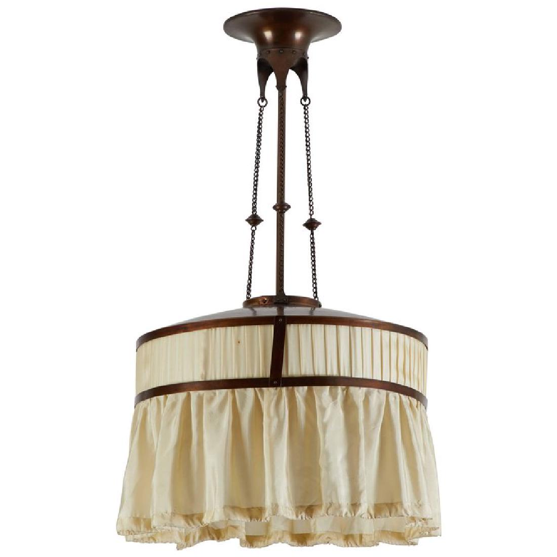 Arts & Crafts Pendant Lamp: Copper and silk arts and crafts pendant lamp, 1920s. 36" H x 18" D.