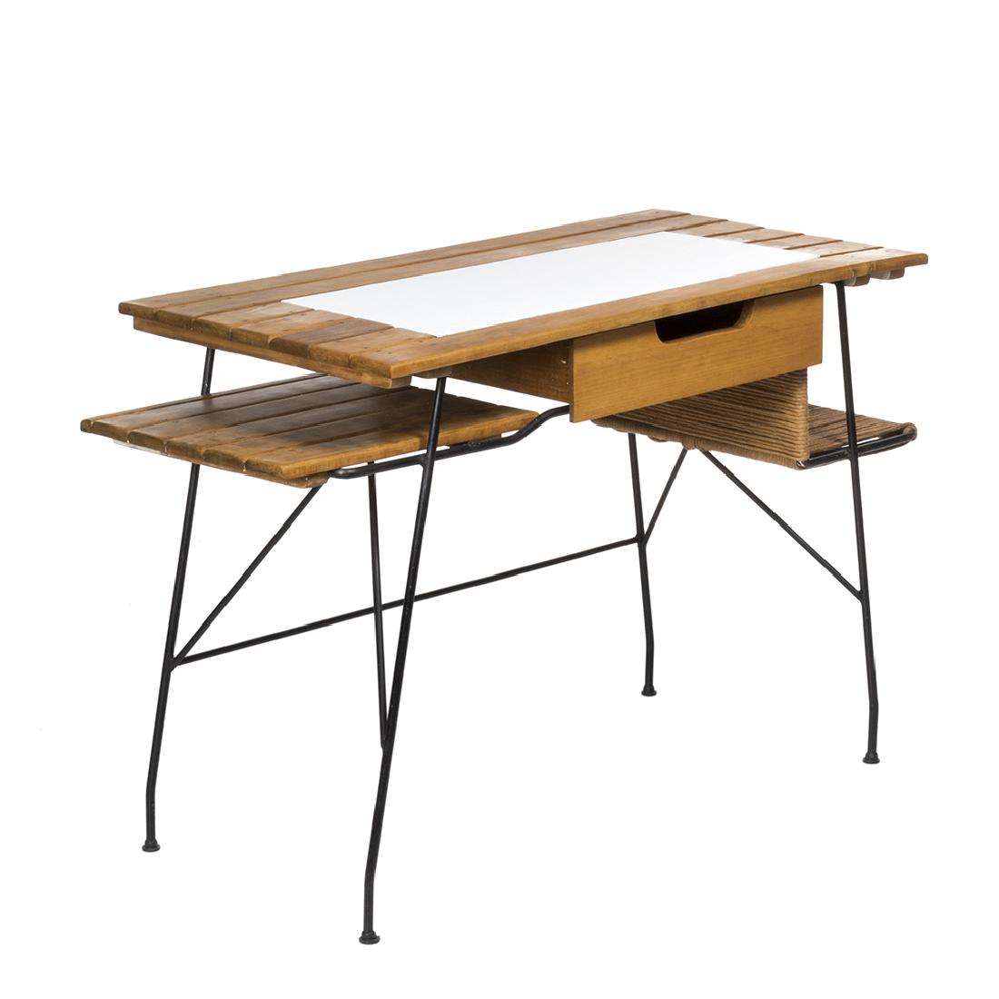 Arthur Umanoff Desk: Wood, painted masonite and jute desk by Arthur Umanoff for Raymor, 1950s. 30" H x 49" W x 21" D.