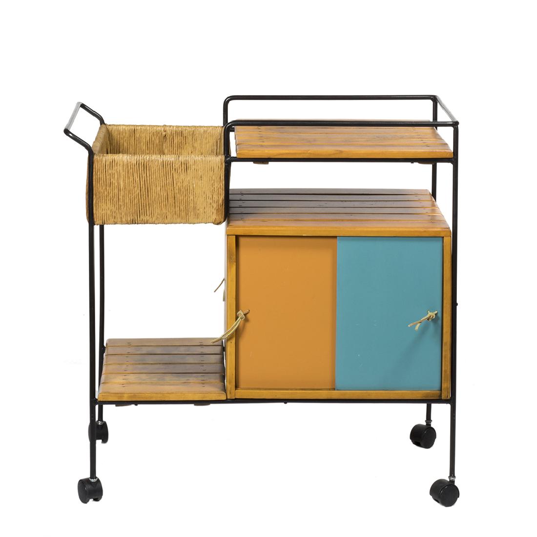 Arthur Umanoff Serving Cart: Wood, painted masonite and jute serving cart by Arthur Umanoff for Raymor, 1950s. 35" H x 35" W x 18" D.
