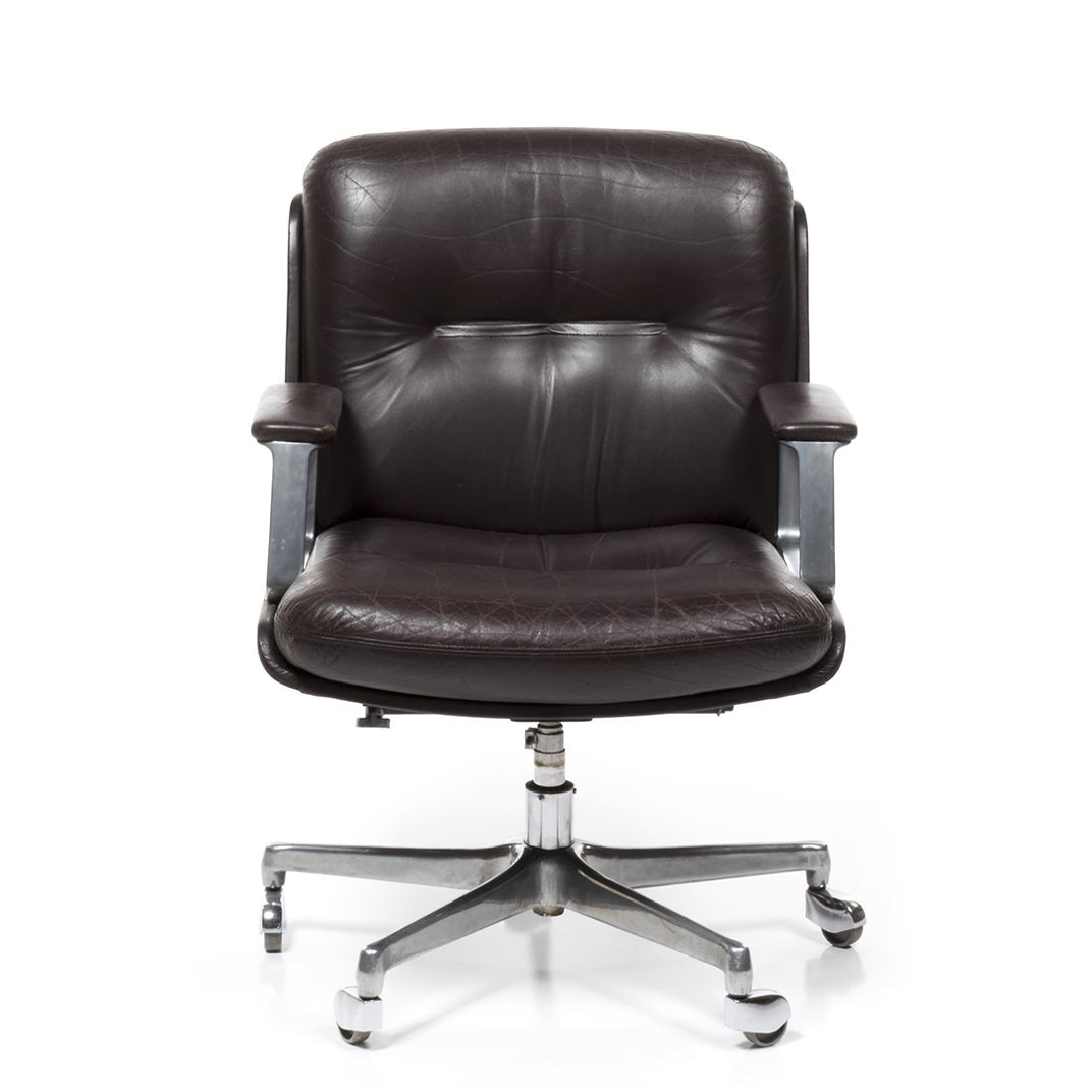 Osvaldo Borsani Desk Chair: Brown leather desk chair with aluminum base by Osvaldo Borsani for Tecno, Italy 1970s. 36" H x 26" W x 22" D.