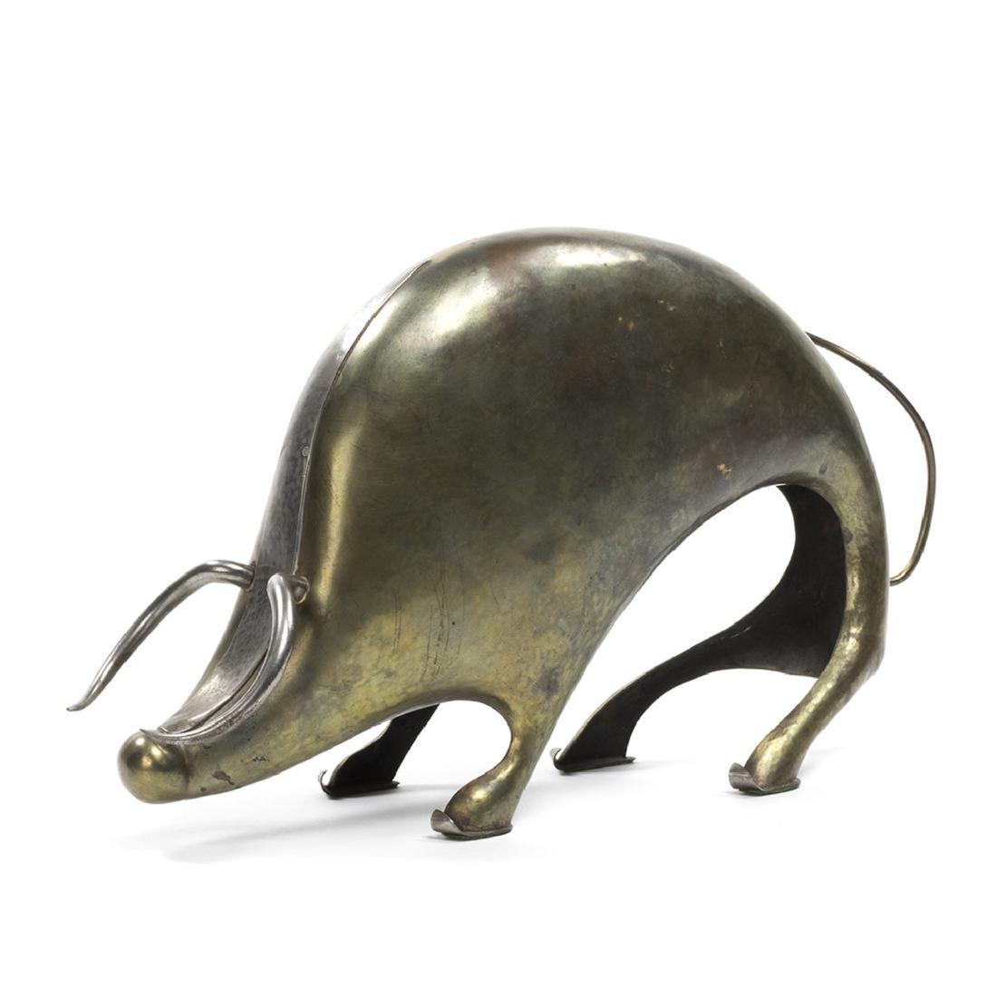Metal Stylized Bull Sculpture: Metal and brass stylized bull sculpture, 1960s. Stamped: Foster. 9" H x 15" W x 4" D.