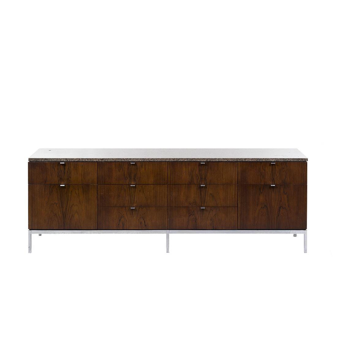 Florence Knoll Rosewood Credenza: Rosewood credenza with granite top by Florence Knoll, 1970s. 25" H x 74.5" W x 18" D.