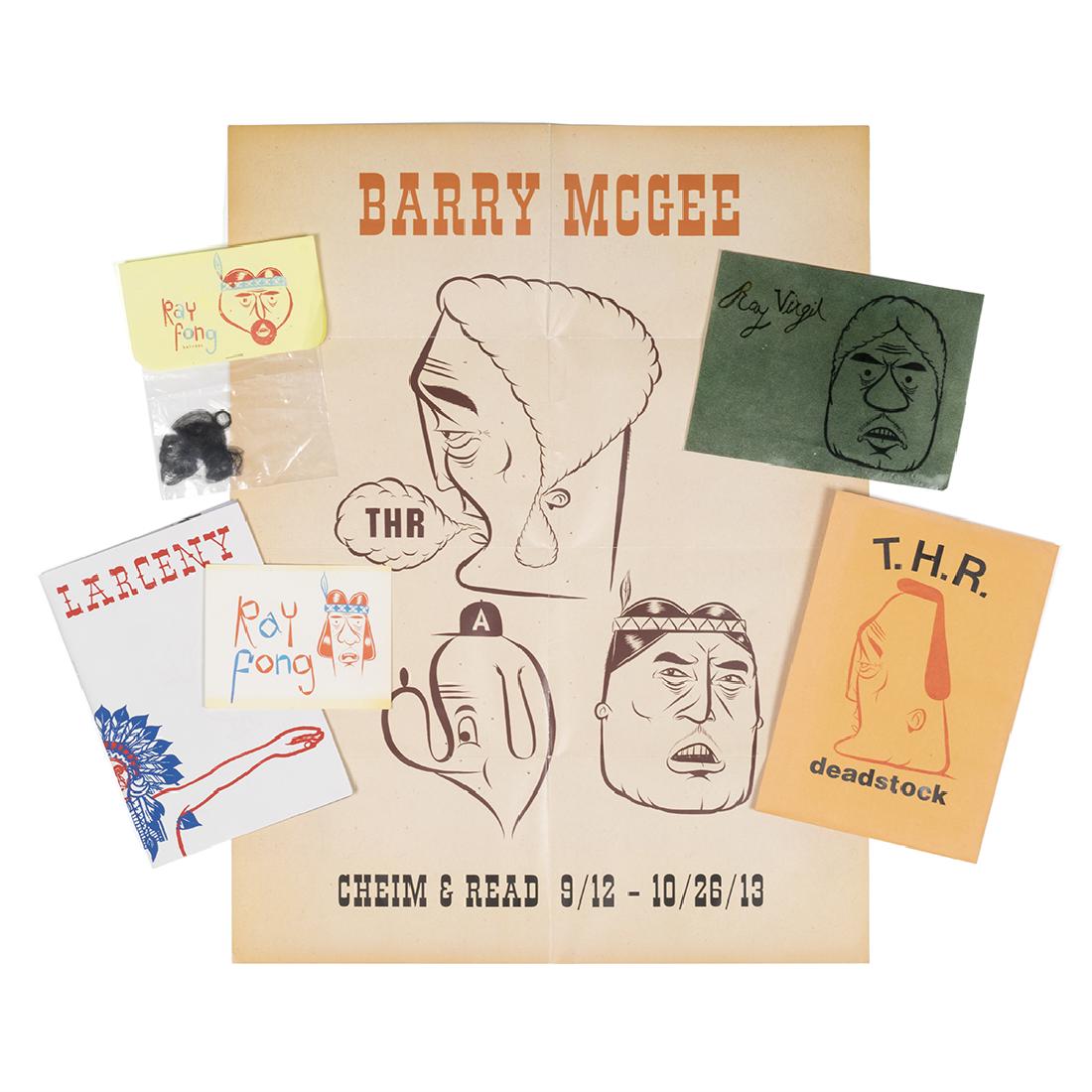 Barry McGee Collection (6): Collection of six Barry McGee works. Original work on card, 5.75" H x 7.5" W, initialed and dated Sep. 16, 2010. Ray Fong card, signed Twist. Ray Fong hair net, stamped, signed and silkscreened envelo