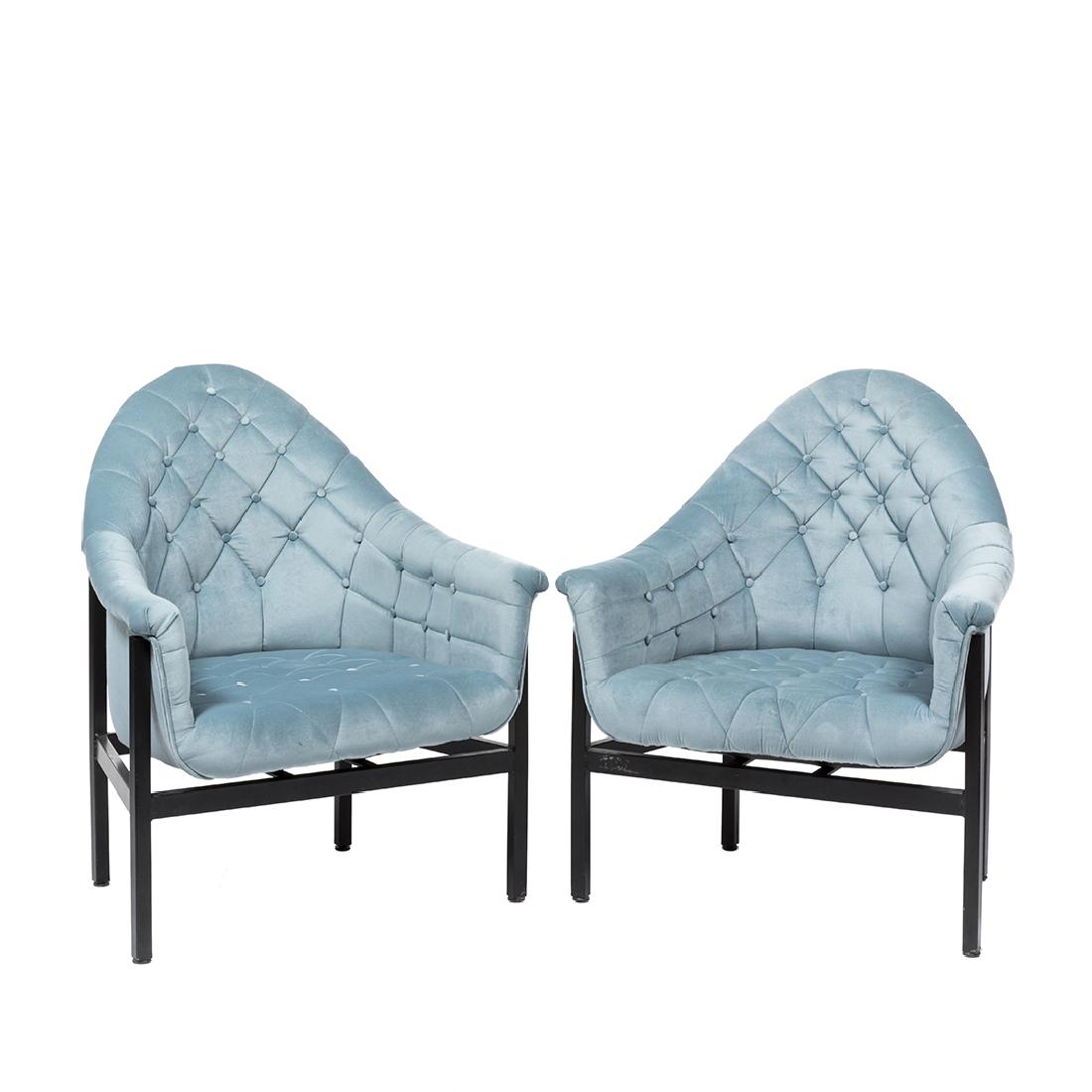 Modernist Club Chairs (2): Newly restored modernist club chairs with tufted upholstery and painted steel frames, 1960s.