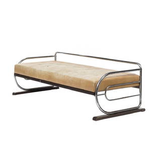 Hynek Gottwald Art Deco Daybed: Tubular chrome daybed with distressed leather by Hynek Gottwald, Czechoslovakia 1930s. 25" H x 75" W x 32" D.