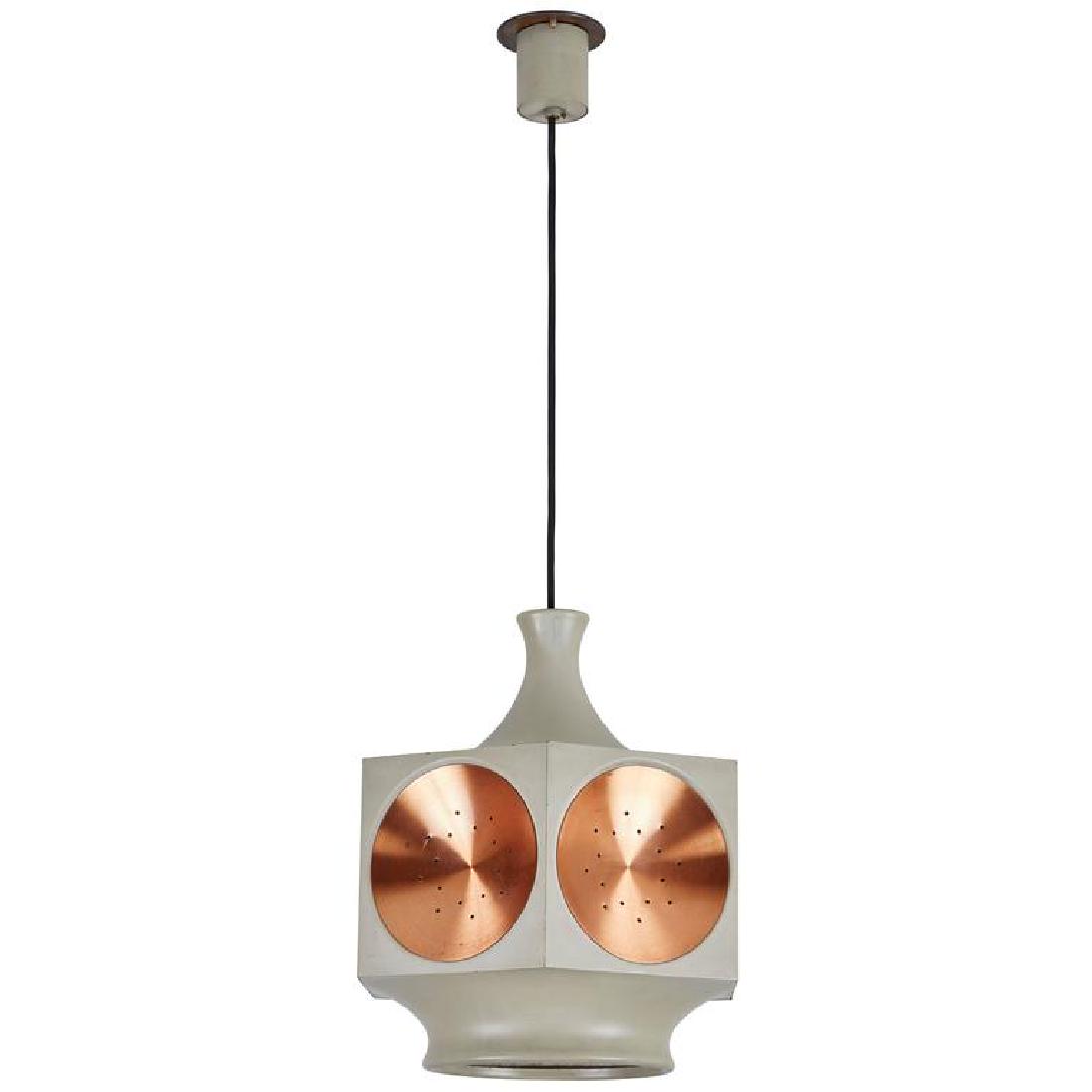 Stilnovo Pendant Lamp: Model 1255 hexagonal shaped pendant with perforated brushed copper and painted metal inserts by Stilnovo, Italy 1960s. 30" H x 13" D.