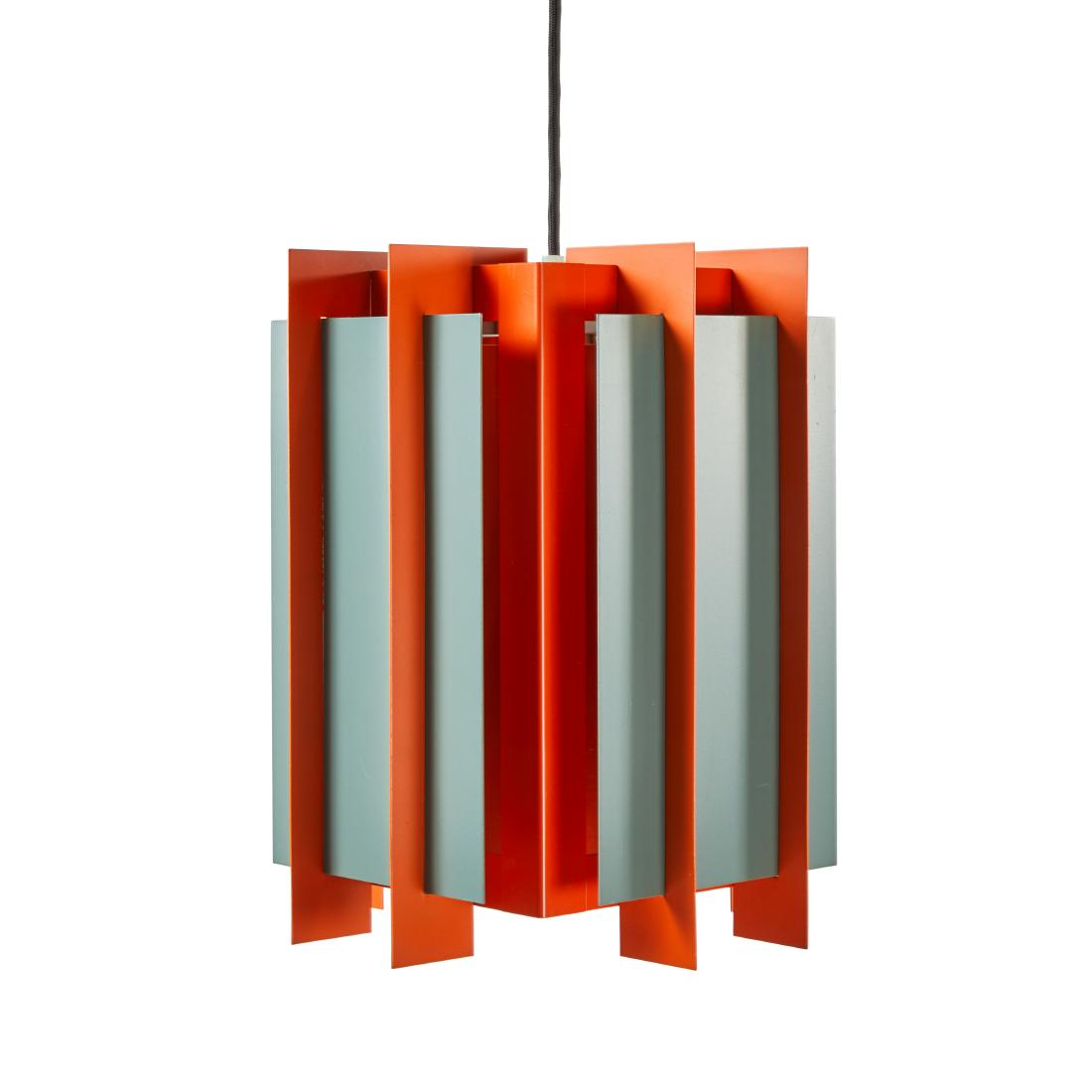 Simon Henningsen pendant Lamp: Painted metal geometric pendant lamp by Simon Henningsen for Lyfa, Denmark 1960s. 12H x10W x10D inches