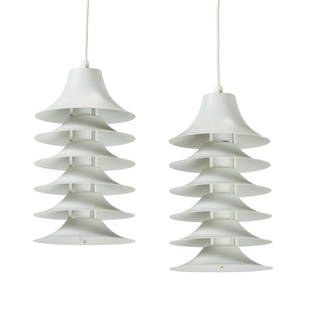 Jorgen Gammelgaard Tip Top Pendant Lamps (2): Pair of painted aluminum Tip Top pendant lamps by Jorgen Gammelgaard, 1960s. 14H x8W xD inches