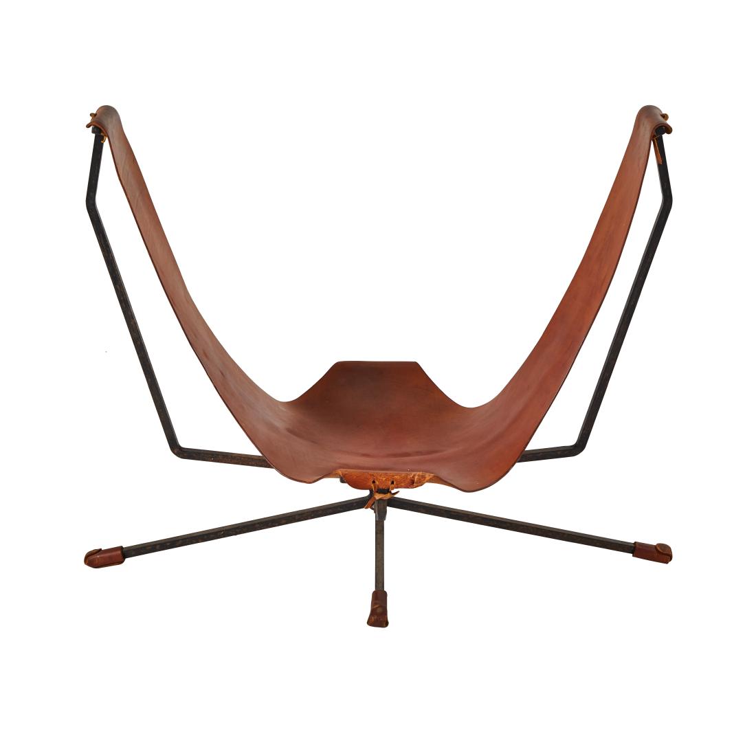 Daniel Wenger Love Chair: Early iron and leather Love chair by Daniel Wenger, 1960s. 33.5H x40W x22D inches