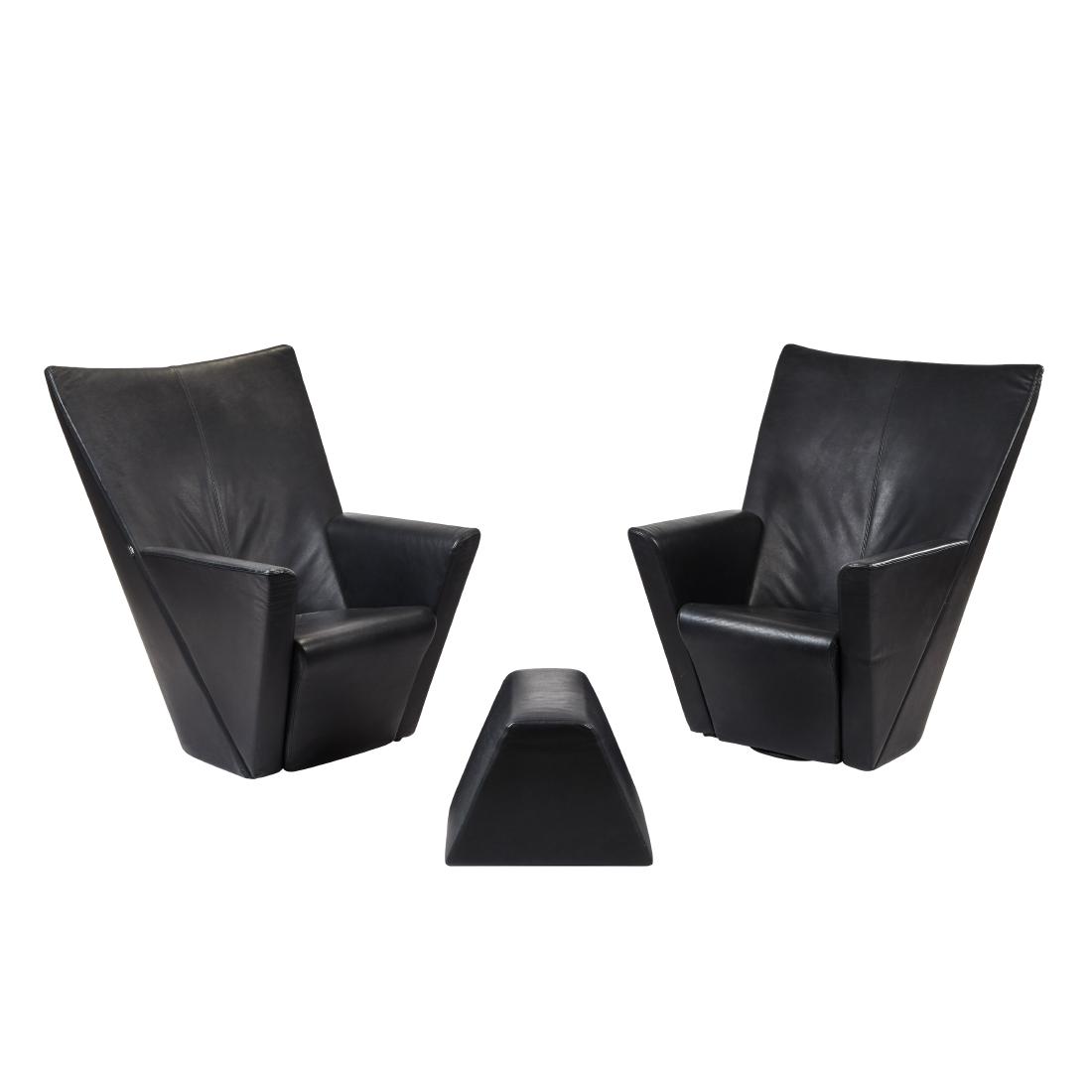 Arflex Armilla Armchairs and Ottoman (3): Pair of black leather Armilla armchairs and ottoman from the Elrod House by Burkhard Vogtherr for Arflex, 1990s. 41H x33W x36D inches