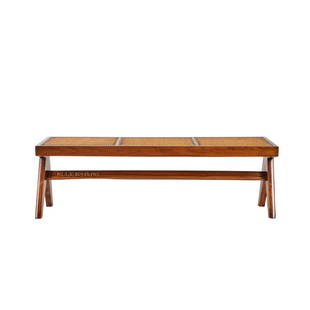 Pierre Jeanneret Bench: Teak and cane bench commissioned for the M.L.A. Flats building in Chandigarh by Pierre Jeanneret for Le Corbusier, India 1955. 16.5H x54W x18D inches