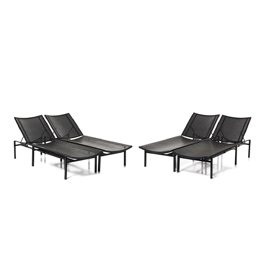 Brown Jordan Alumicane Lounges (4): Set of four Alumicane adjustable chaise lounges by Brown Jordan, 1960s.