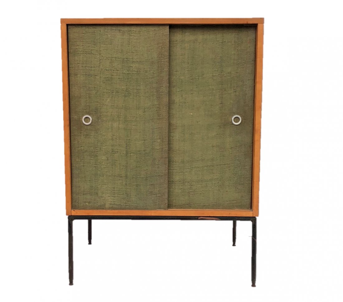 Paul McCobb Nightstand: Planner Group nightstand on iron base by Paul McCobb for Winchendon, 1950s.