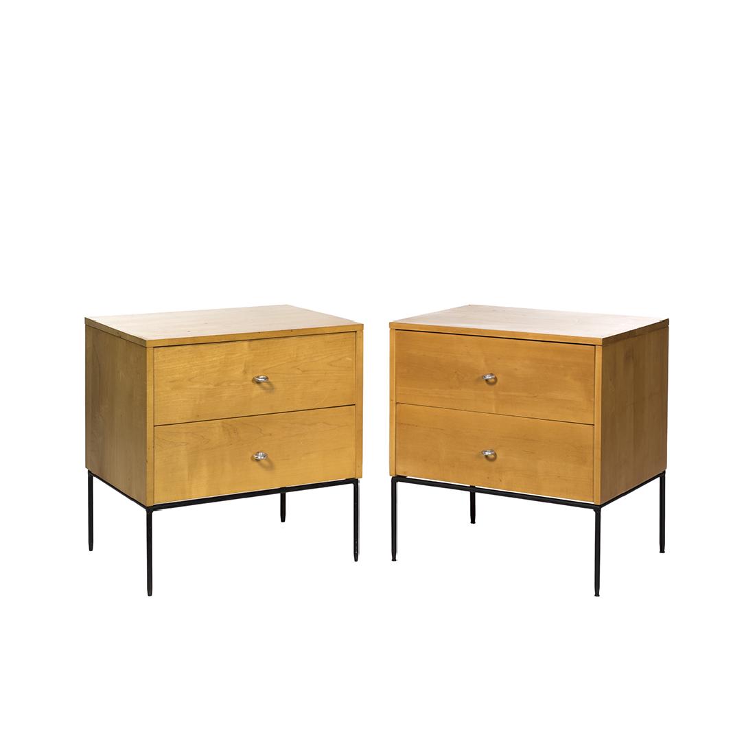 Paul McCobb Nightstands (2): Pair of Planner Group maple nightstands on iron bases by Paul McCobb for Winchendon, 1950s.