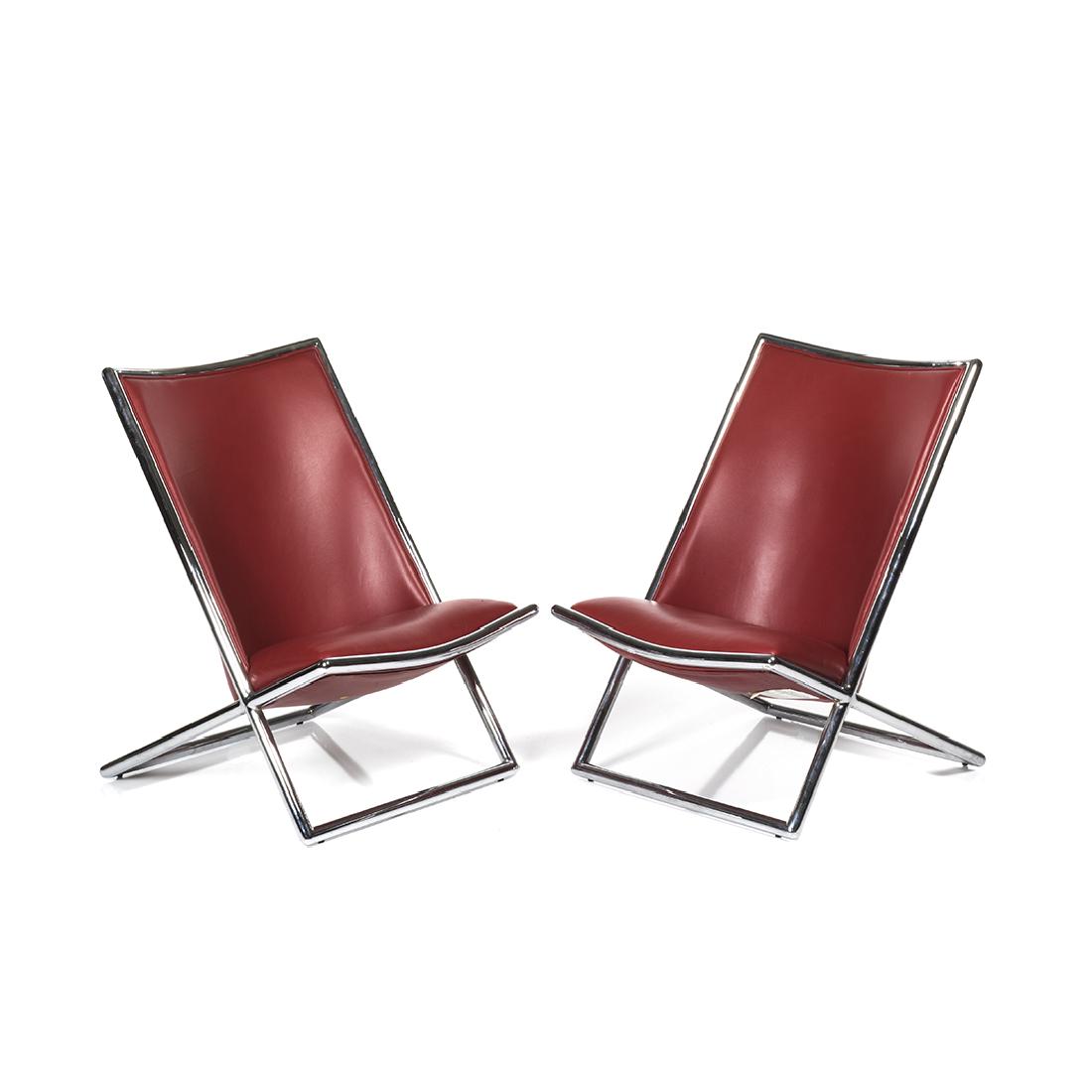 Ward Bennett Scissor Chairs (2): Pair of leather scissor chairs by Ward Bennett for Geiger, 1980s.