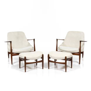 IB Kofod Larsen Elizabeth Chairs: Pair of Elizabeth chairs with ottomans by IB Kofod Larsen for Christensen and Larsen, 1956. Both chairs signed with branding mark.