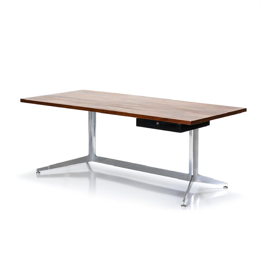 Ward Bennett Desk: Rosewood and polished aluminum desk by Ward Bennett, 1960s.