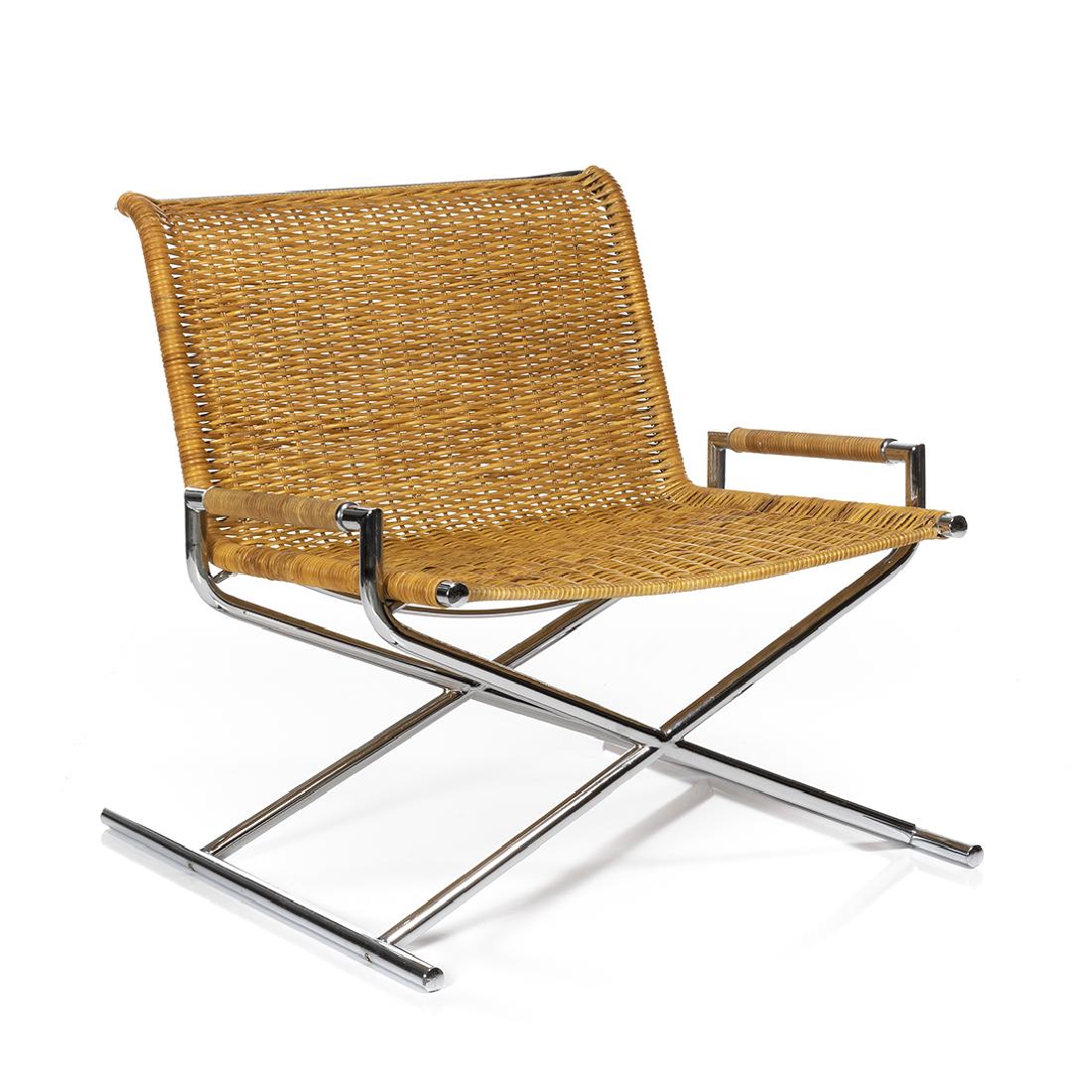 Ward Bennett Sled Chair: Chrome and rattan Sled chair by Ward Bennett for Brickell, 1960s.