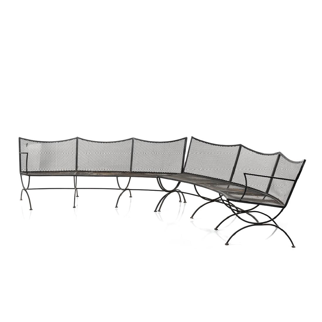 Bob Anderson Iron Sectional: Semi-circular iron two piece outdoor sectional by Bob Anderson, 1950s.