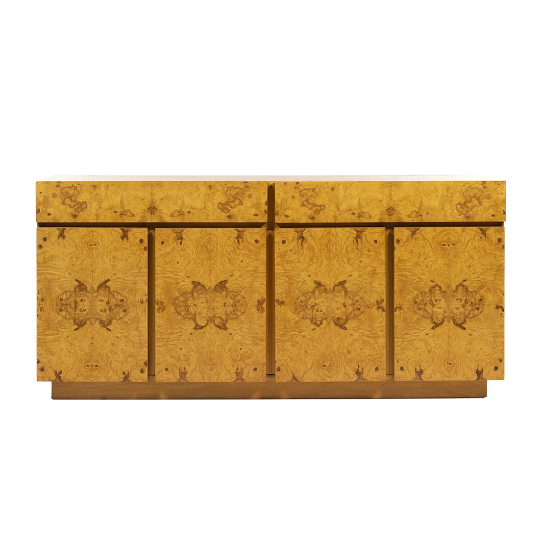 Olive Burl Credenza: Mid-century olive burl credenza, 1970s.