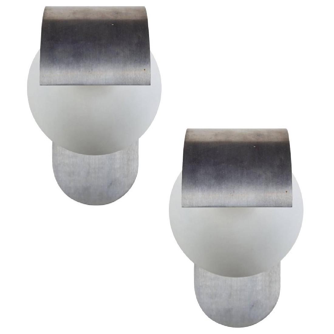 Lumi Sconces (2): Pair of brushed aluminum and satin glass sconces by Lumi, Italy 1950s.