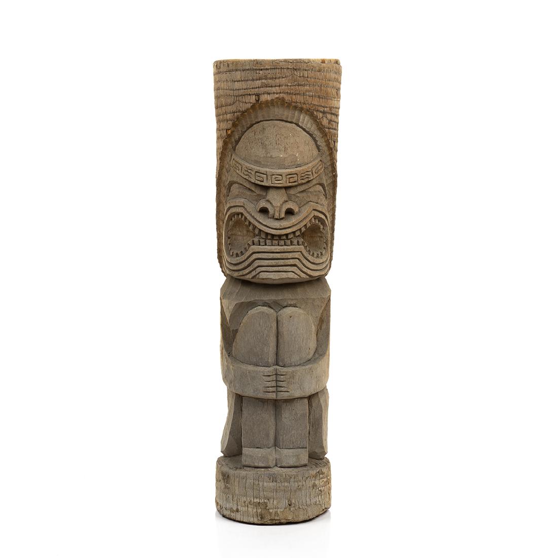Vintage Carved Palmwood Tiki: Carved palmwood tiki totem, 1970s. Signed: Heikka 70.