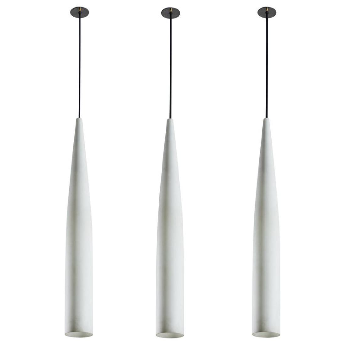 Vistosi Satin Glass Pendant Lamps (3): Set of three brass and brushed satin glass pendant lamps by Vistosi, Italy 1960s.