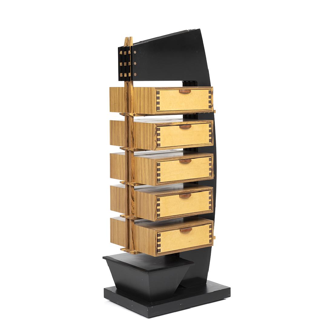 Blue Raven Tower of Drawers: Zebrawood and plywood peg-framed Tower of Drawers by Blue Raven, 1980s.