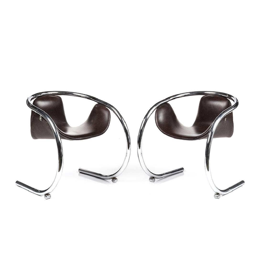 Byron Botker Lounge Chairs (2): Pair of leather and cantilevered chrome lounge chairs by Byron Botker for Landes, 1970.
