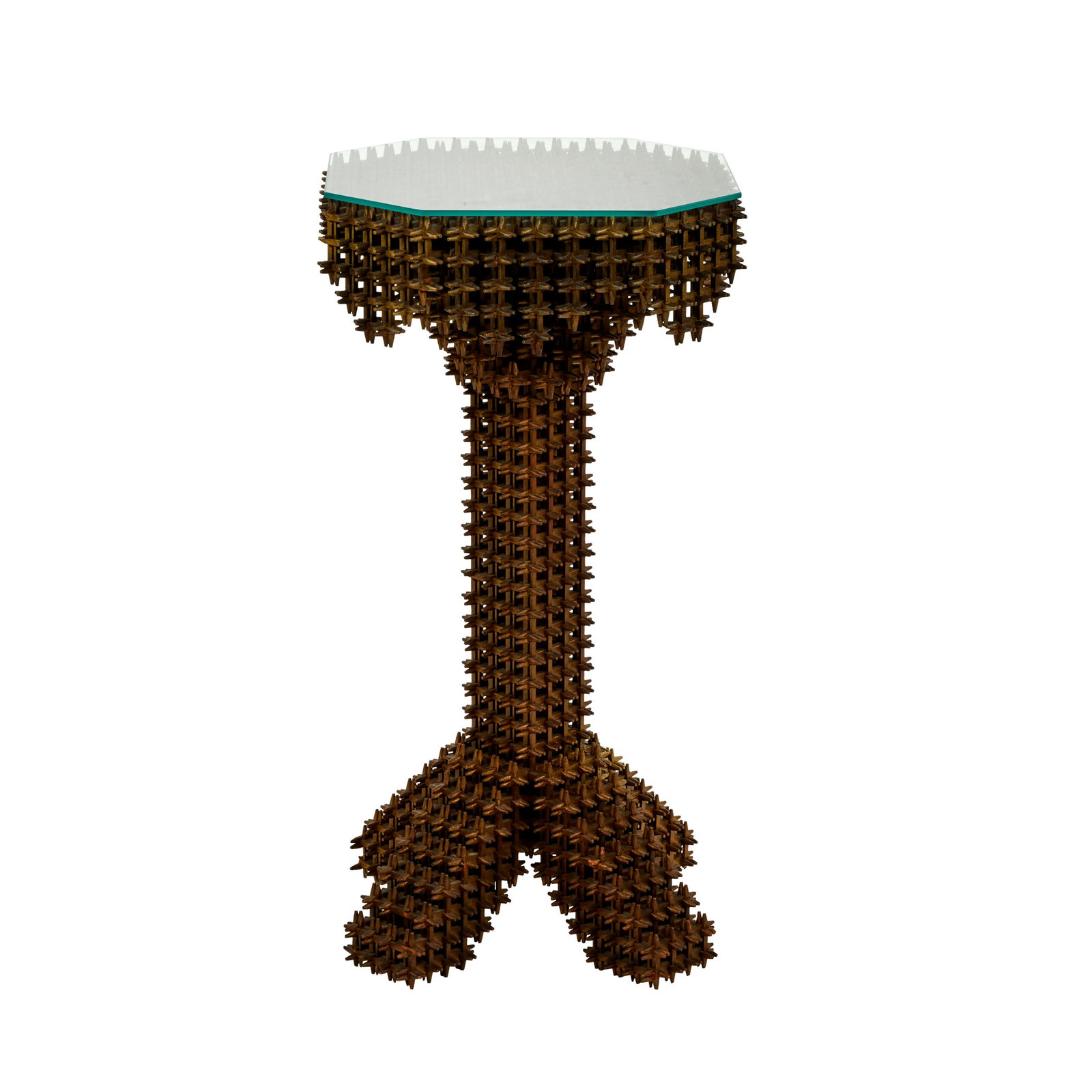 Tramp Art Crown of Thorns Stand: Intricately assembled Crown of Thorns tramp art stand with glass top, 1940s.