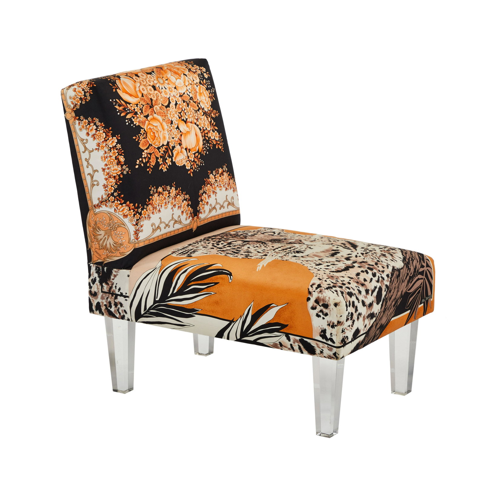 Lucite Slipper Chair: Slipper chair with lucite legs, upholstered in silk Schiaparelli scarves, 1990s.