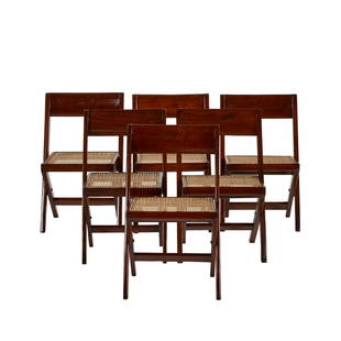 Pierre Jeanneret Library Chairs (6): Set ot six teak and cane Library chairs by Pierre Jeanneret, Chandigarh, India ca. 1959.