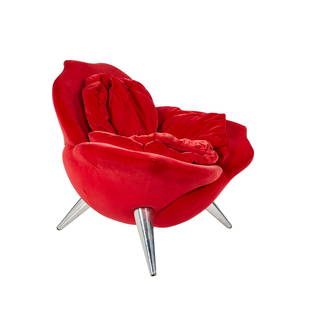 Masanori Umeda Red Rose Lounge Chair: Three-legged red velvet Red Rose lounge chair by Masanori Umeda for Edra, Italy, 1990.