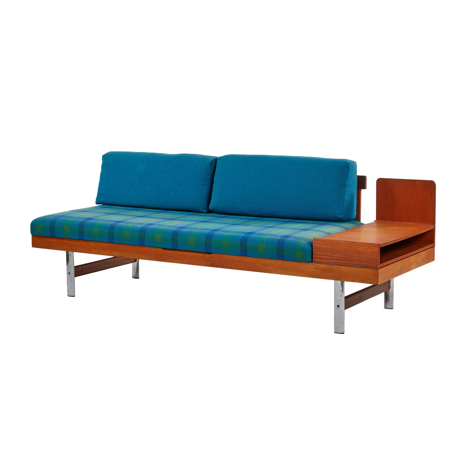 Hove Mobler Daybed: Teak and chrome daybed with exending side table by Hove Mobler, Norway, 1960s.