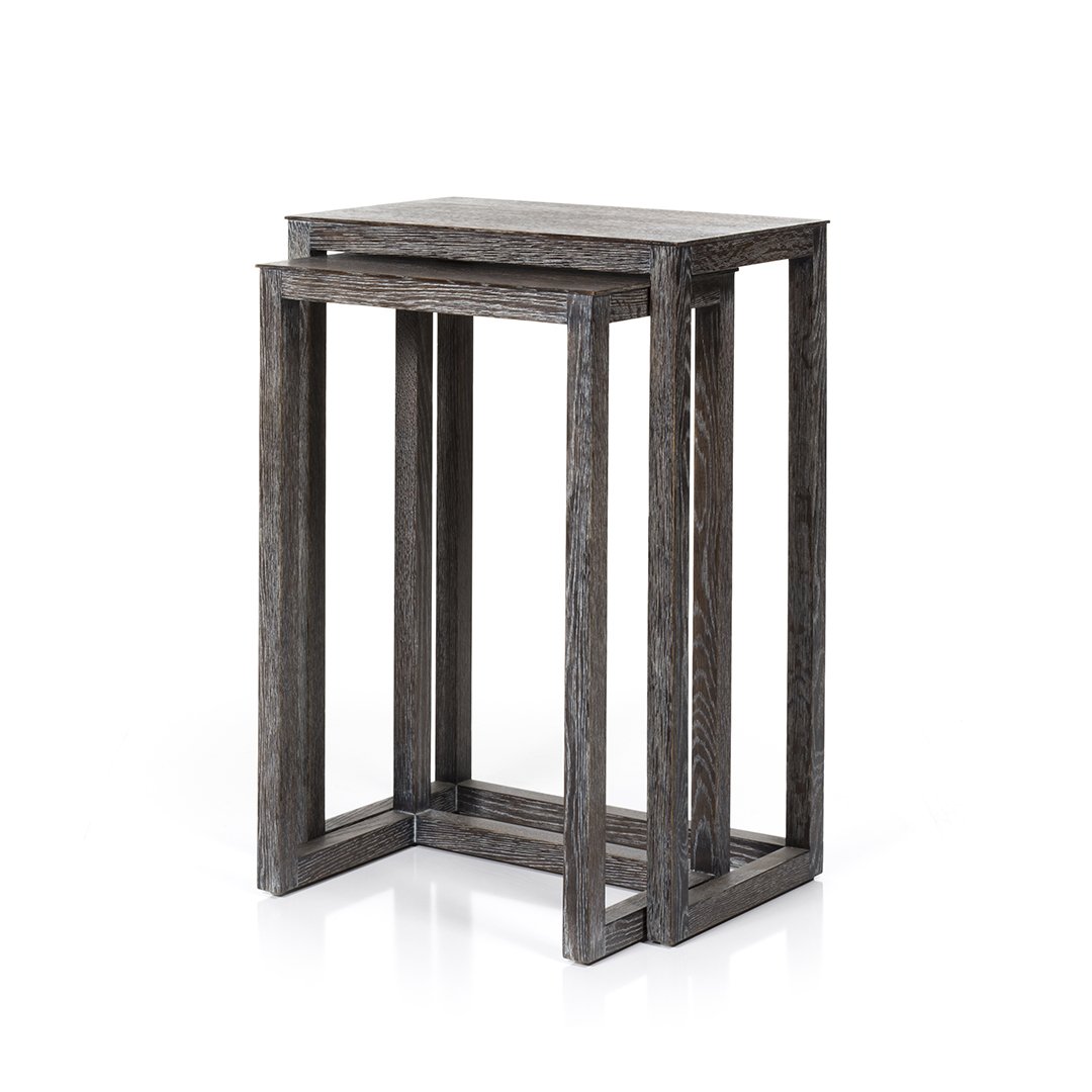 Oak Nesting Stands (2): Pair of cerused oak nesting stands after Jean Michel Frank, 1980s.