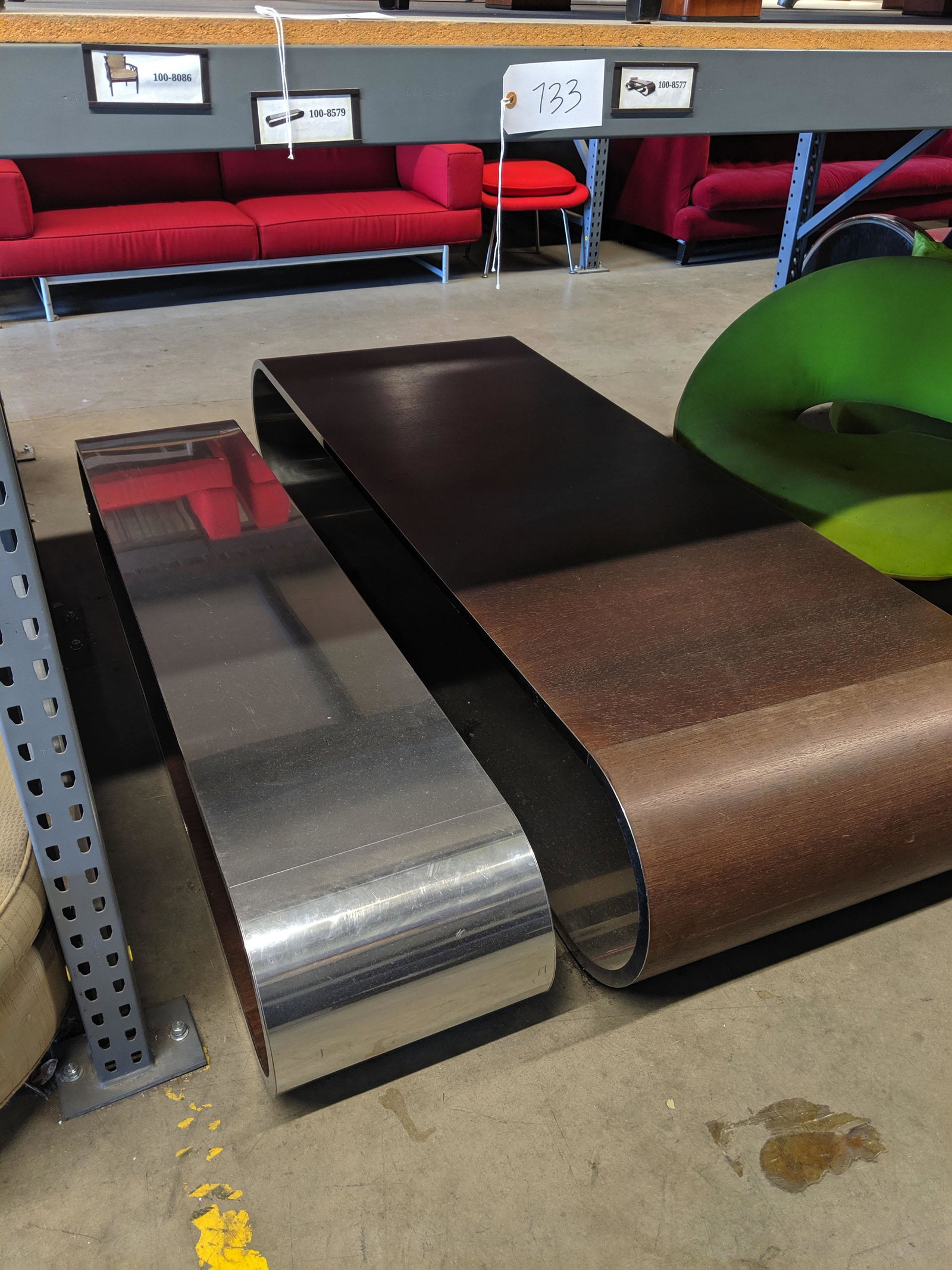 Two-Part Chaise: Wood and chrome two-part chaise.