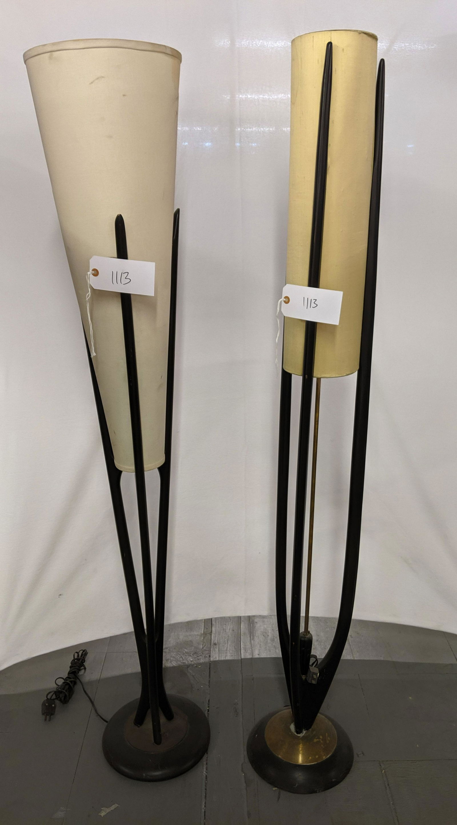 Mid-Century Floor Lamps: Pair with conical shades and one with a cylindrical shade.