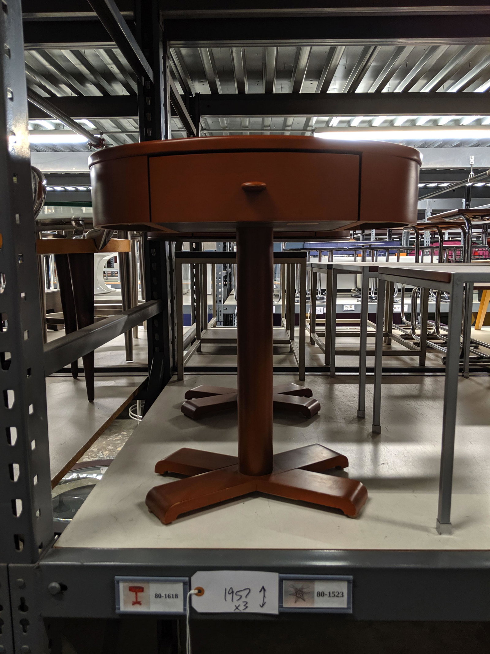 Side Tables: One pair of cherry side tables and one welded metal side table.