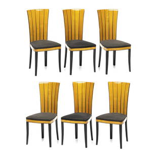 Eliel Saarinen Cranbrook Dining Chairs (6): Set of six maple and lacquer Cranbrook dining chairs designed by Eliel Saarinen manufactured by Adelta Oy, Finland, ca. 1983. Undersides with numbered metal manufacturer's label.